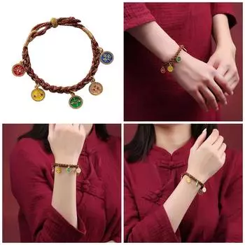 Этнический браслет ручной работы, цветная веревочная цепочка, пятисторонний браслет с изображением Бога богатства, регулируемая цепочка на запястье с вытягивающейся веревкой