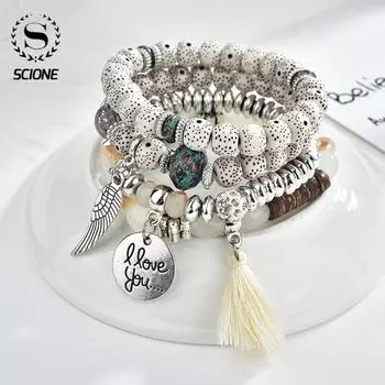 Этнический браслет с крыльями ветра, круглые открытки с буквами, многослойный браслет с кисточками и бисером, винтажный браслет красный