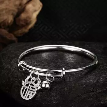Этнический пейзаж, лицо, пуш-пул, индивидуальный серебряный браслет для женщин, новый подвесной колокольчик в виде бычьей головы, бренд Fu, серебряный браслет, подарок на день рождения Adjustable size