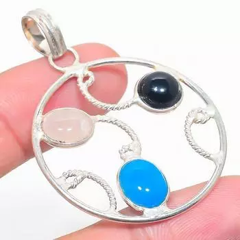 Этнический подарочный кулон из натурального синего халцедона и черного оникса с драгоценными камнями 2,09 дюйма H0T32