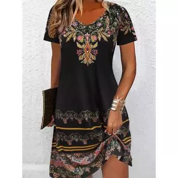 Этнический ретро-цветной блок, модное повседневное платье с принтом в виде растений и цветов на все тело, дышащее платье с 3D-принтом и V-образным вырезом, короткими рукавами XS