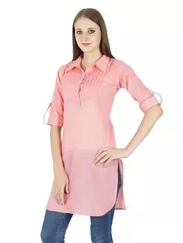 Этнический сплошной хлопок Курти Индийский дизайнер Курта Женское повседневное платье-туника 10 персиковый