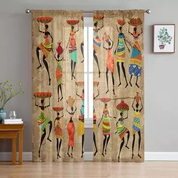 Этнический стиль, африканский женский черный народный костюм, прозрачные шторы для спальни, гостиной, вуаль, оконные шторы, тюлевые шторы, детская комната 135W x 114H(cm)