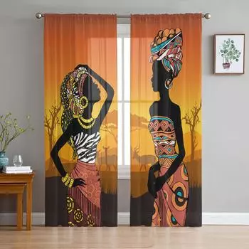 Этнический стиль, африканский женский черный народный костюм, прозрачные шторы для спальни, гостиной, вуаль, оконные шторы, тюлевые шторы, детская комната 135W x 114H(cm)