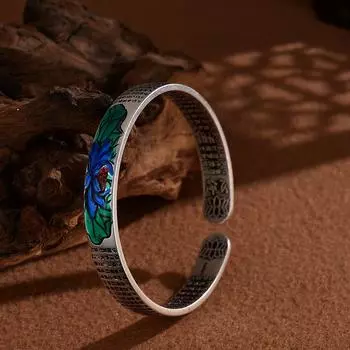 Этнический стиль, эмаль, сердце лотоса, сутра, открытый браслет, женский браслет Lotus Cloisonne, подарок на день рождения для друзей Adjustable size