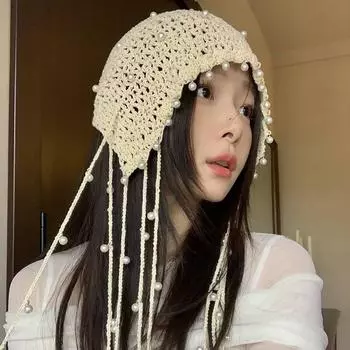 Этнический стиль Богема~ жемчужная подвеска с бахромой ручной работы, женская вязаная шапка в стиле ретро на весну и лето M56-58cm