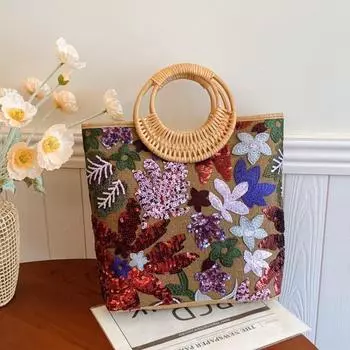 Этнический стиль Цветочная вышивка Холщовая сумка Большая вместительная сумка для женщин Верхняя ручка Сумки для покупок фиолетовый
