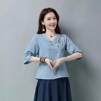 Этнический стиль хлопковый льняной пиджак, шикарный топ, летняя женская одежда, V-образный вырез, косой воротник, ретро-пуговицы, рукав семь четвертей, футболка для женщин M темно-синий