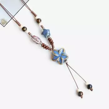 Этнический стиль керамические бусы ожерелье женское фарфоровые бусины плетеный кулон античный стиль аксессуар свитер длинная цепочка 81cm синий