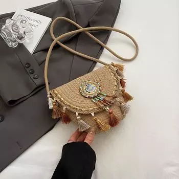Этнический стиль кисточка маленькая сумка женская 2025 новая мода плетеная сумка-ведро весна и лето высококачественная сумка через плечо Khaki