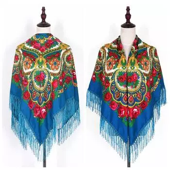 Этнический стиль квадратный шарф большой размер головные повязки роскошный кисточка платок для девочек циан