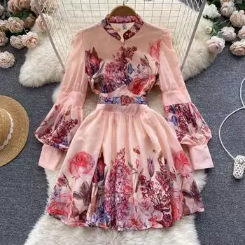 Этнический стиль, легкий и знакомый стиль, талия и тонкий принт, темпераментное платье с длинными рукавами