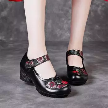 Этнический стиль Новые весенние и осенние женские туфли из толстой коровьей кожи с мягкой подошвой, одинарные туфли для мам, маленькие кожаные туфли 34 красный