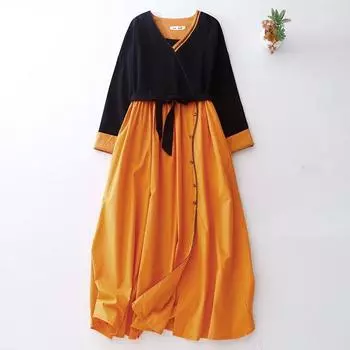 Этнический стиль однотонное платье из хлопка и льна женское весенне-осеннее новое темпераментное длинное платье свободное и тонкое с V-образным вырезом нижняя длинная юбка M