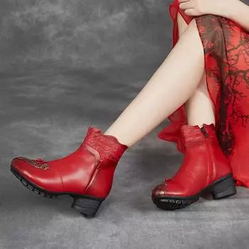 Этнический стиль осенне-зимние женские сапоги из коровьей кожи с толстым слоем и мягкой подошвой, водонепроницаемые сапоги с круглым носком, модная хлопковая обувь 34 красный