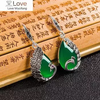 Этнический стиль Павлин Халцедон Капли Серьги для женщин Винтаж Тайский Серебряный Капли Воды Зеленый Агат Серьги Украшения Дворца Вечеринки 3.3*1.5CM зелёный