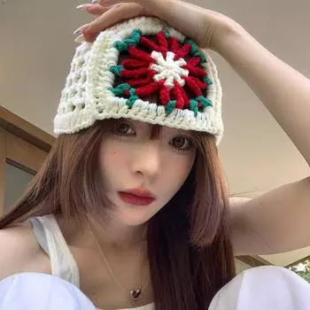 Этнический стиль, персонализированная вручную связанная шапка-ведро женская Xia Hyunya та же нишевая цветочная шерстяная шапка осенне-зимняя шапка прилив M56-58cm белый