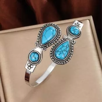 Этнический стиль персонализированный ретро бирюзовый открытый браслет для женщин Resizable