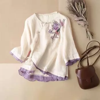 Этнический стиль Пластинчатая пряжка Вышитая рубашка с пятиконечным рукавом Косая планка Женская рубашка XXXXL белый