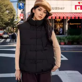 Этнический стиль пуховый хлопковый жилет женский зимний новый воротник-стойка легкий теплый жилет жилет куртка прилив M чёрный