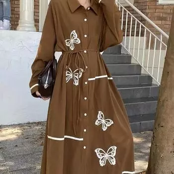 Этнический стиль ретро бабочка вышитая миди платье рубашка свободный шнуровка однобортный повседневный платье новая мода женская одежда One Size светло-зеленый