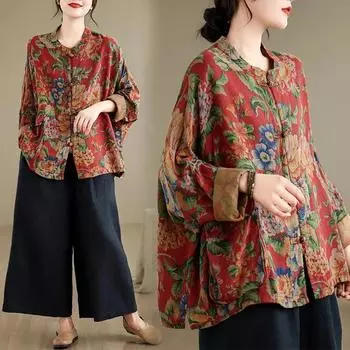 Этнический стиль ретро большой цветок рубашка из хлопка и льна женская весенняя китайская застежка на пуговицы кардиган с рукавом летучая мышь топ XXL красный