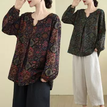 Этнический стиль ретро принтованный хлопок лен длинный рукав для женщин среднего возраста пожилого возраста плюс размер женская одежда свободный прикрывающий живот топ рубашка для женщин L