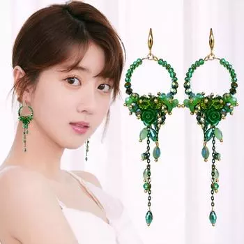 Этнический стиль, ручная работа, индивидуальные серьги, богемные сказочные розы, женские, темпераментные, длинные серьги красный