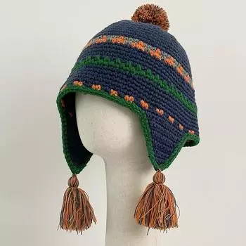 Этнический стиль ручной работы ретро вязаная защитная летающая шапка женская корейская осень и зима нишевая уличная модная брендовая теплая шерстяная шапка M (56-58cm) ethnic style flying cap тёмно-синий