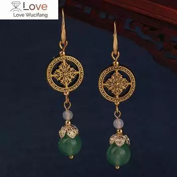Этнический стиль серьги новые ретро искусство хризопраз серьги китайский ветер ювелирные изделия для женщин 1.6X6 8 CM зелёный