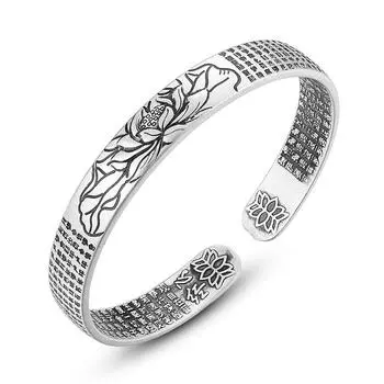 Этнический стиль ювелирных изделий браслет, женский буддийский сутра ретро открывающийся регулируемый браслет великое сострадание мантра лотос сердце сутра серебряный браслет