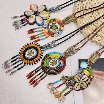 Этнический стиль, винтажное кожаное ожерелье, длинная модная богемная цепочка для свитера, модные аксессуары для одежды