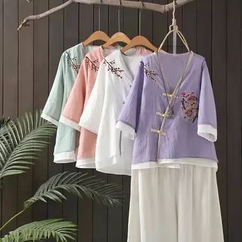 Этнический стиль вышитый ретро топ с V-образным вырезом на пуговицах женская летняя рубашка в китайском стиле с рукавами пять точек XXXL белый