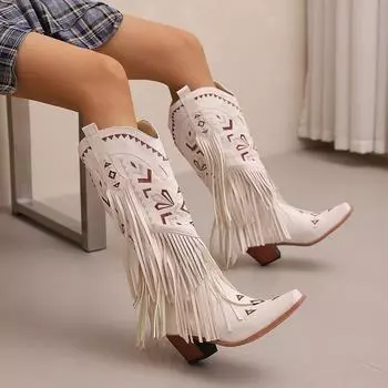 Этнический стиль вышивка шитье кисточки высокие колена вестерн ковбойские сапоги женские квадратный носок толстый каблук бахрома ковбойские сапоги 46 47 48 6