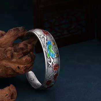 Этнический стиль выжженный синий персонализированный браслет с эмалью «Сорока» Cloisonn Retro Open Drop Gum Серебряный браслет подарок на день рождения Adjustable size