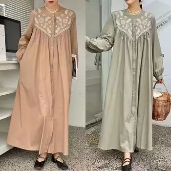 Этнический стиль застежка на талии рубашка платье женское с длинным рукавом богемный ретро дизайн вышитые свободные кулон длинные платья One Size чёрный