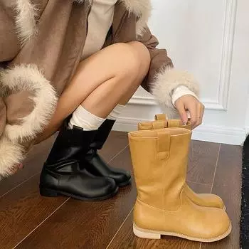 Этнический стиль женские ковбойские сапоги модные элегантные швейные туфли на толстом каблуке женские современные полусапожки до середины голени 35