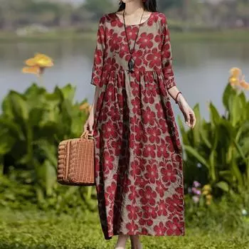 Этнический стиль Женское платье Лето Плюс Размер Принт Выше колена Рукав Семь Четвертей Длинные Платья M