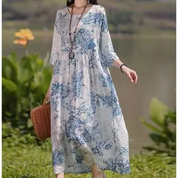 Этнический стиль Женское платье Лето Плюс Размер Принт Выше колена Рукав Семь Четвертей Длинные Платья M