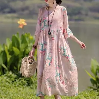 Этнический стиль Женское платье Лето Плюс Размер Принт Выше колена Рукав Семь Четвертей Длинные Платья M