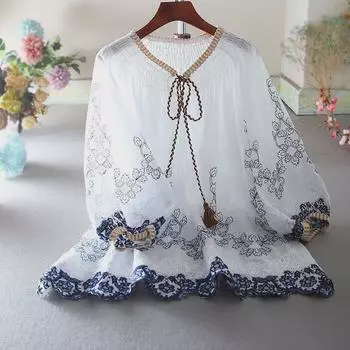 Этнический топ из хлопка и льна с открытыми плечами, оборками и вышивкой в виде фонарика M: 90-115 kg белый