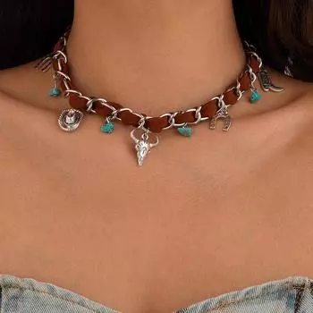 Этническое ковбойское ожерелье из сплава с подвеской в виде головы быка для женщин, винтажное геометрическое бархатное ожерелье-чокер на ключицу для женщин