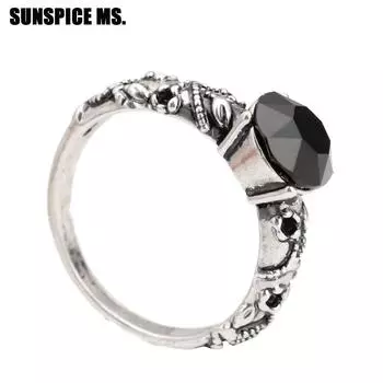 Этническое обручальное кольцо для женщин, античное серебро, большие камни, рельефные женские изысканные винтажные кольца, свадебные украшения 2023 чёрный
