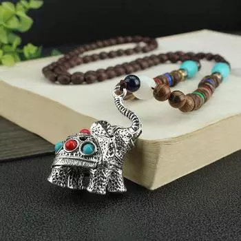 Этническое ожерелье со слоном, универсальная деревянная длинная цепочка для свитера, винтажная подвеска ручной работы из хлопка и конопли с изображением Будды