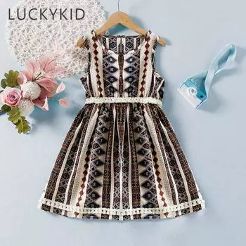 Этническое платье трапециевидной формы без рукавов с абстрактным рисунком и кисточками для отдыха, детская летняя одежда 5-6Y