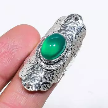 Этническое ювелирное кольцо ручной работы с зеленым ониксом, размер 7 VM-737