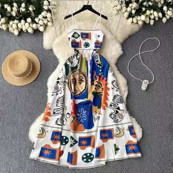 Этническое винтажное пляжное праздничное платье с принтом граффити, женские новые модные летние повседневные платья без рукавов на тонких бретельках S