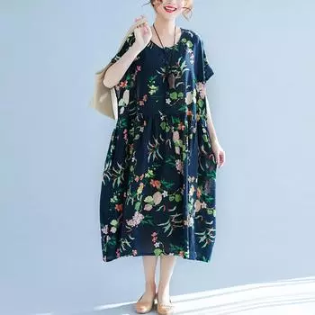 Этническое женское платье с красочным цветочным принтом и боковыми карманами, плиссированное платье макси с короткими рукавами, свободное цельное платье One Size разноцветный