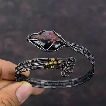 Эвдиалитовый браслет с драгоценными камнями, медная проволока, манжета, регулируемый браслет-манжета, браслет ручной работы, проволочная обмотка, ювелирное изделие, подарок для мамы, медные украшения