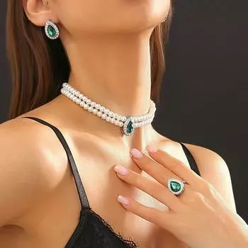 Jewelry Accessories Pearl Necklace Earring Rings Set Pearl Chain Beads Wedding 1Set